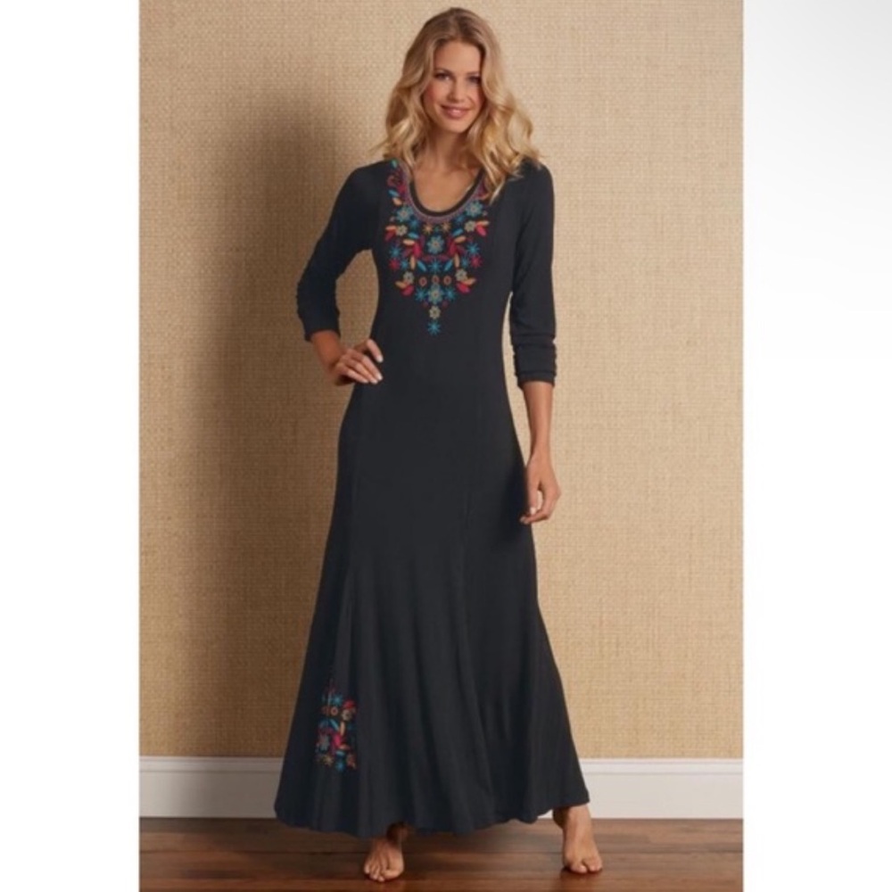 Soft Surroundings Embroidered Floral Maxi Dress Black Long Sleeves XS Boho
